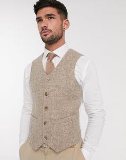 wedding Harris Tweed slim suit vest with wool herringbone in camel-Neutral