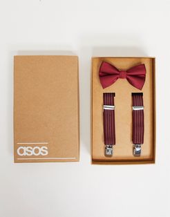 Wedding suspenders and bow tie set in burgundy with stripe-Red