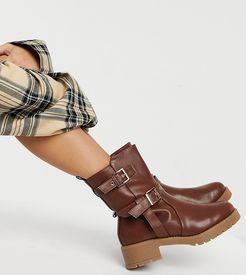 Wide Fit Asha pull on trucker boots in tan-Brown