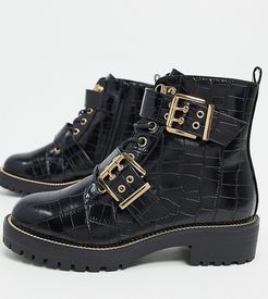 Wide Fit Aubrey lace up boots in black croc