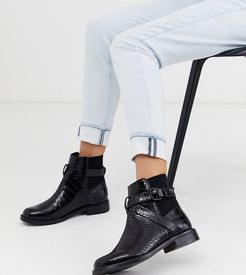 Wide Fit Brooklyn flat ankle boots in black croc