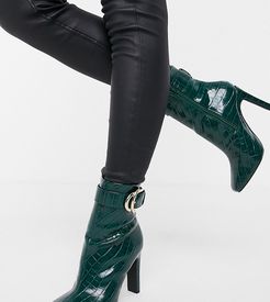 Wide Fit Envy high ankle buckle boots in green croc