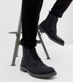 Wide Fit lace up boots in black leather with chunky sole