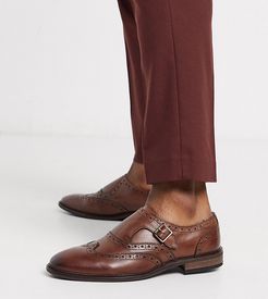 Wide Fit monk shoes in brown leather with brogue detail