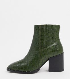 Wide Fit Restless leather block heel boots in green croc