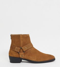 Wide Fit stacked heel western chelsea boots in tan suede with buckle detail
