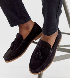 Wide Fit tassel loafers in black suede with natural sole