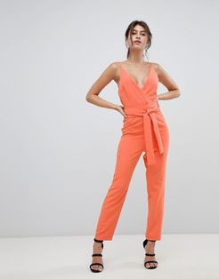 Wrap Front Jumpsuit With Peg Leg And Self Belt-Orange