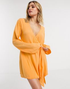 wrap tie beach shirt dress in orange crinkle