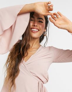 wrap top with fluted sleeve in blush-Pink