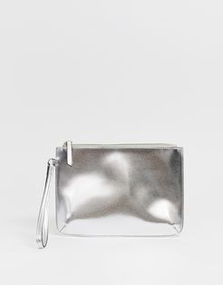 zip top wristlet clutch bag in metallic-Silver