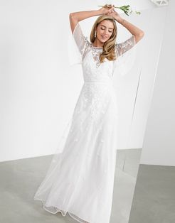 Annie floral embroidered flutter sleeve wedding dress-White