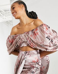 drape off shoulder top in wild flower print co-ord-Pink