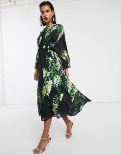 embellished trailing floral midi dress-Multi