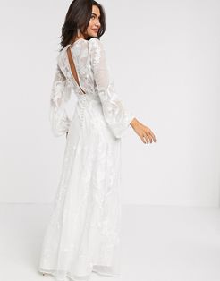 embroidered wedding dress blouson sleeve-White