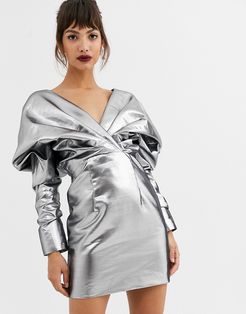 extreme shoulder metallic cocktail dress-Silver