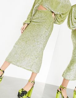midi skirt with thigh slit in sequin drench-Green