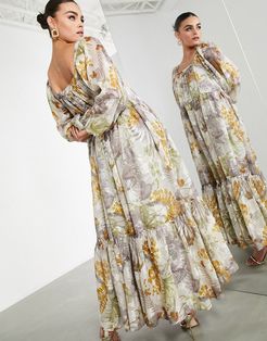 oversized maxi dress in floral satin burnout with square neck-Multi