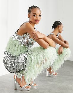 paillette sequin crop top with faux-feather hem in silver and green