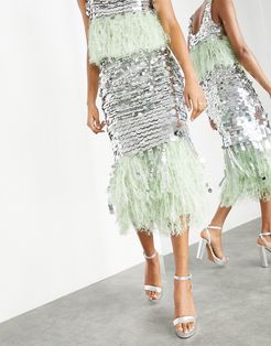 paillette sequin midi skirt with faux-feather hem in silver and green