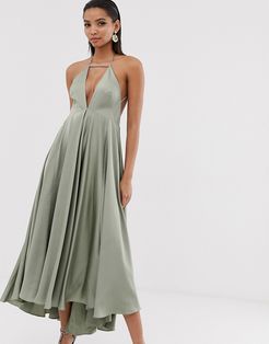 plunge cami midi dress with full skirt-Green