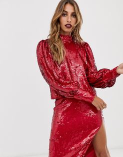 sequin top with blouson sleeve-Red