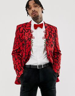 slim blazer with red leopard jacquard