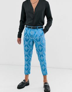 slim cropped suit pants in blue tonal jacquard