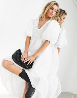 tiered midi smock dress in textured stripe-White