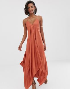 trapeze plain satin midi dress-Brown