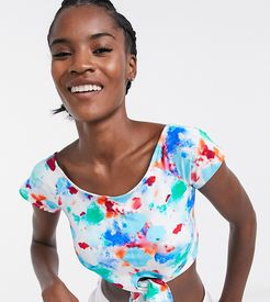 KENYA jersey tie front top in splodge print-White