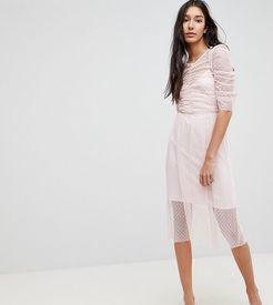 Ruched Midi Dress In Spot Mesh-Pink