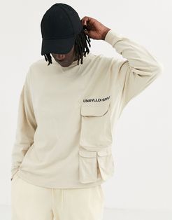 ASOS Unrvlld Spply heavyweight oversized long sleeve t-shirt with utility pocket embroidery-Neutral