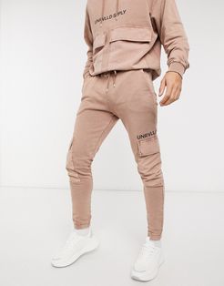 oversized sweatpants in washed tan with printed logo-Brown