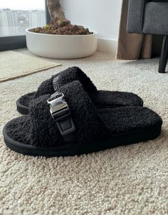 ASOS Unrvlled Supply slippers in black borg with hardware detail