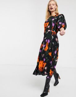 floral puff sleeve tea dress-Black