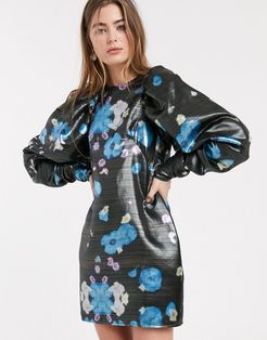 metallic floral volume sleeve mini dress-Multi