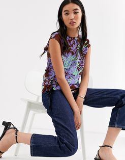 palm print ruched side top-Multi