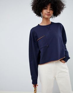 raw edge cropped sweatshirt-Navy