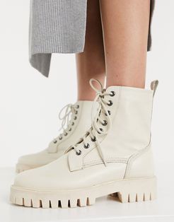 Billie lace up flat boots with stich detail in beige leather drench