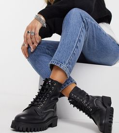 Exclusive Billie lace-up flat boots with stitch detail in black leather