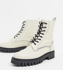 Exclusive Billie lace-up flat boots with stitch detail in bone leather-Cream