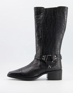 Khloe western knee boots in croc embossed black leather