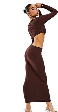 cut out maxi dress with long sleeves in chocolate-Brown