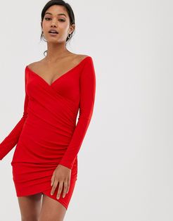 bardot ruched bodycon mini dress-Red