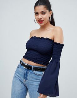 bardot top with bell sleeves-Navy