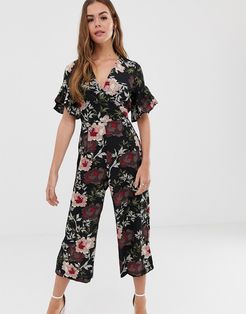 floral culotte jumpsuit-Black