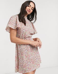 high neck ruffle sleeve mini dress-Multi