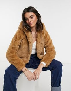 hooded fur coat in camel-Beige