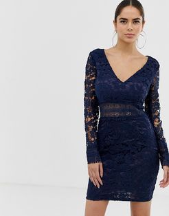 lace sleeve bodycon dress-Navy